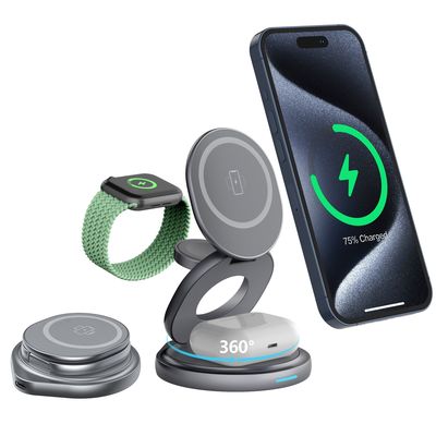 360 Rotating Metal 3 In 1 Wireless Charging Station Folding 15W 2.5W for Watch