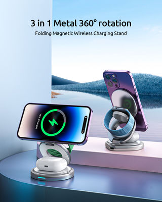 360 Rotating Metal 3 In 1 Wireless Charging Station Folding 15W 2.5W for Watch