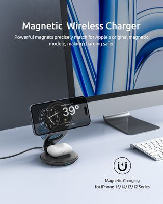 15W 3In1 Magsafe Wireless Charger Stand with Zinc Alloy Silicone ABS Material