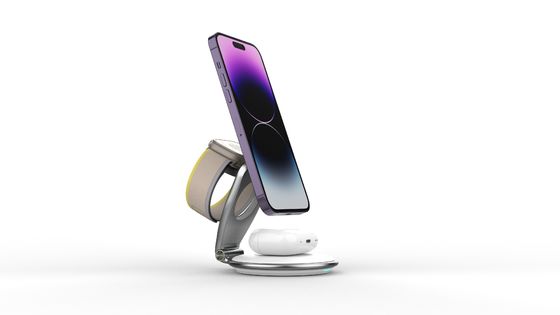 15W 3In1 Magsafe Wireless Charger Stand with Zinc Alloy Silicone ABS Material