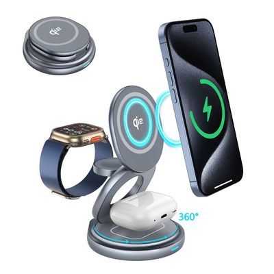 Qi2 Metal Fast Foldable Wireless Charging Station 3 In 1 360 Degrees Rotating